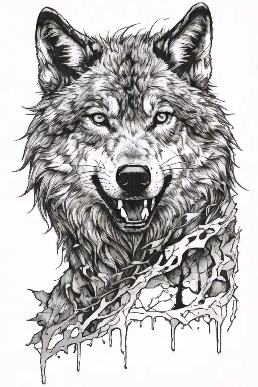 a wolf filled with scars and wounds but smiling to the outsdie world and trying its best to survive tattoo design idea