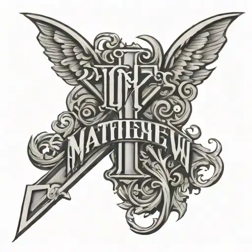 Chicano font tattoo that says Matthew 11:28 in bold with shading and add hollow cross tattoo design idea