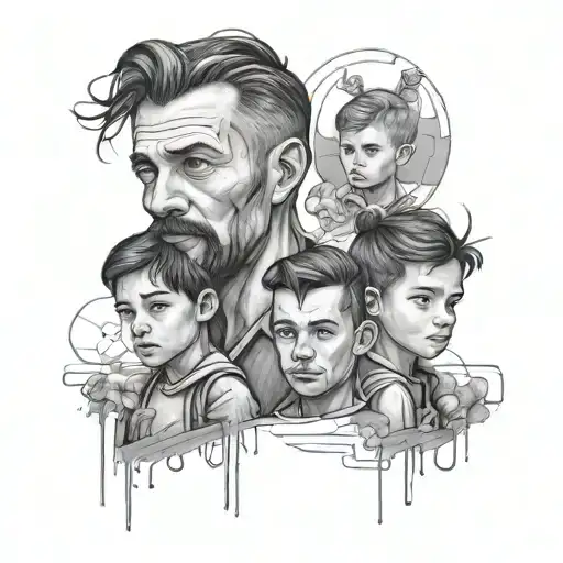 A black-grey portrait tattoo of a father and his children in a modern, minimalist style tattoo design idea
