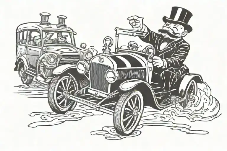 monopoly guy driving old car speeding tattoo design idea