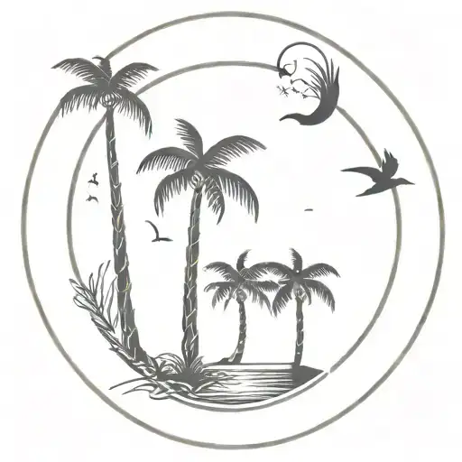 3 palm trees by the beach, sun setting, 2 birds flying. in a circle frame with 2 palm trees outside frame at the top tattoo design idea