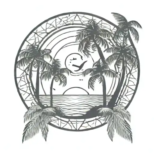 3 palm trees by the beach, sun setting, 2 birds flying. in a circle frame with 2 palm trees outside frame at the top tattoo design idea