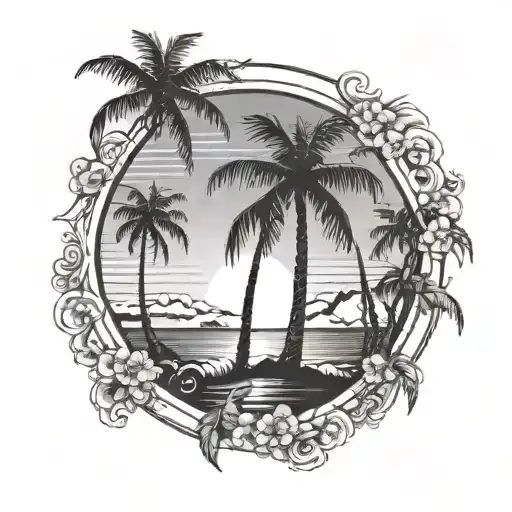 3 palm trees by the beach, sun setting, 2 birds flying. in a circle frame with 2 palm trees outside frame at the top tattoo design idea