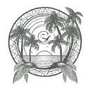 3 palm trees by the beach, sun setting, 2 birds flying. in a circle frame with 2 palm trees outside frame at the top tattoo design idea
