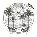 3 palm trees by the beach, sun setting, 2 birds flying. in a circle frame with 2 palm trees outside frame at the top tattoo design idea