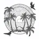 3 palm trees by the beach, sun setting, 2 birds flying. in a circle frame with 2 palm trees outside frame at the top tattoo design idea