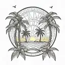 3 palm trees by the beach, sun setting, 2 birds flying. in a circle frame with 2 palm trees outside frame at the top tattoo design idea