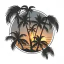3 palm trees by the beach, sun setting, 2 birds flying. in a circle frame with 2 palm trees outside frame at the top tattoo design idea