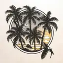 3 palm trees by the beach, sun setting, 2 birds flying. in a circle frame with 2 palm trees outside frame at the top tattoo design idea