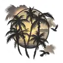 3 palm trees by the beach, sun setting, 2 birds flying. in a circle frame with 2 palm trees outside frame at the top tattoo design idea