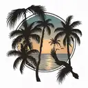 3 palm trees by the beach, sun setting, 2 birds flying. in a circle frame with 2 palm trees outside frame at the top tattoo design idea