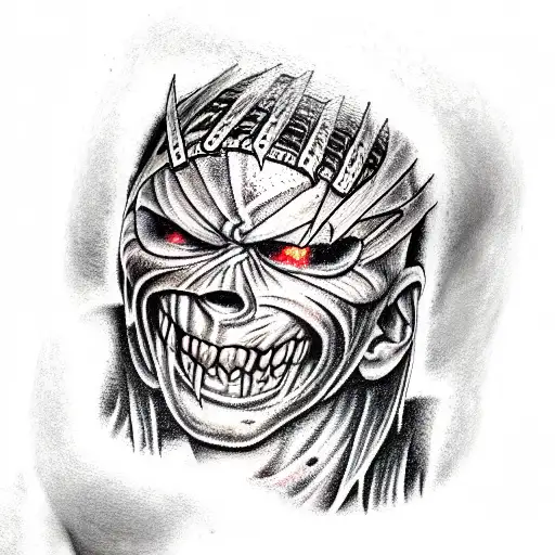 Eddie Iron Maiden patch tattoo located on the calf