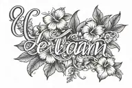 the name "Leilani" in a cursive style font with hawaiian flowers in the background tattoo design idea