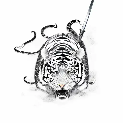 Samurai sword with snake and tiger wrapped around  tattoo design idea