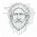 A tattoo of Plato's face morphing into a digital representation, symbolizing the intersection of ancient philosophy and modern technology tattoo design idea