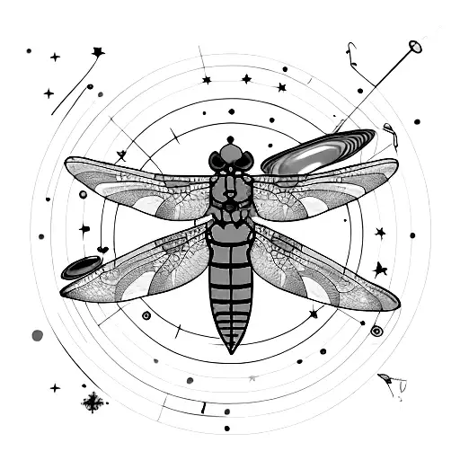 Pisces constellation with dragonfly and Saturn in colors tattoo design idea