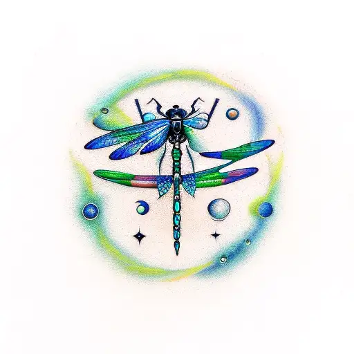 Pisces constellation with dragonfly and Saturn in colors tattoo design idea