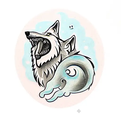 A wolf howling with a nazar amulet in the middle and a tombstone below tattoo design idea