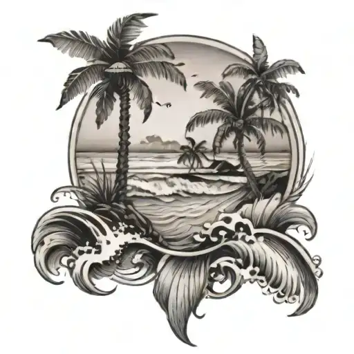 A beach scene with palm trees and waves, intricately detailed in black-grey shading tattoo design idea