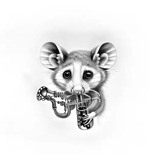 3 blind possum, one playing a saxophone, one playing a banjo, and one playing an accordion all screaming tattoo design idea