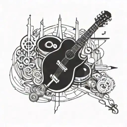 An intricate mechanical design incorporating metal music elements such as guitar strings and drum sticks tattoo design idea