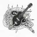 An intricate mechanical design incorporating metal music elements such as guitar strings and drum sticks tattoo design idea