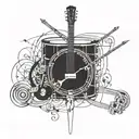 An intricate mechanical design incorporating metal music elements such as guitar strings and drum sticks tattoo design idea
