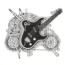 An intricate mechanical design incorporating metal music elements such as guitar strings and drum sticks tattoo design idea