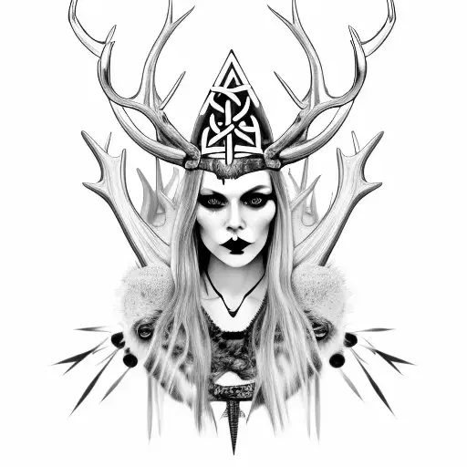 Gothic Viking witch queen,  wearing a short spikey crown made of deer antlers.  she has a pale white face with long blac tattoo design idea