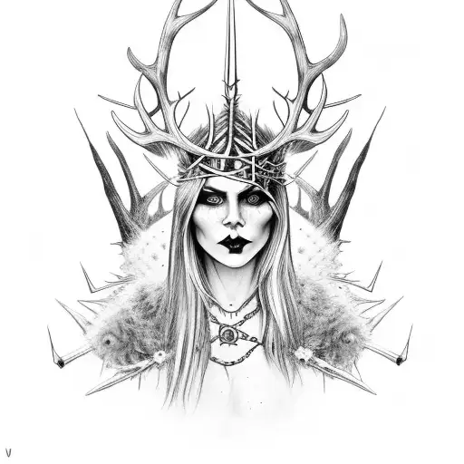 Gothic Viking witch queen,  wearing a short spikey crown made of deer antlers.  she has a pale white face with long blac tattoo design idea