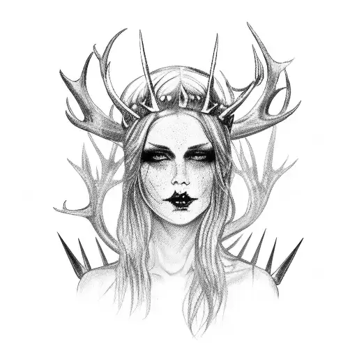 Gothic Viking witch queen,  wearing a short spikey crown made of deer antlers.  she has a pale white face with long blac tattoo design idea