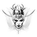 black & white gothic Viking witch queen,  with white and black face paint and a small spiked crown, with a raven tattoo design idea