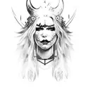 black & white gothic Viking witch queen,  with white and black face paint and a small spiked crown, with a raven tattoo design idea