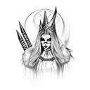 black & white gothic Viking witch queen,  with white and black face paint and a small spiked crown, with a raven tattoo design idea