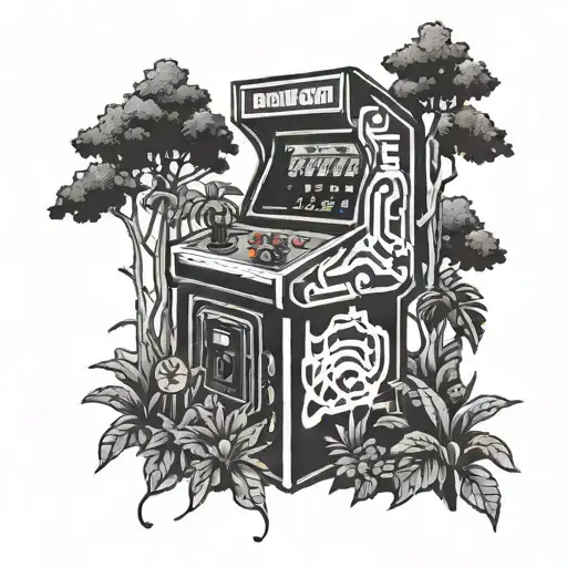 A blackwork tattoo of a retro arcade machine surrounded by a dense forest setting tattoo design idea