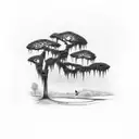 golf course green surrounded by Spanish moss trees  tattoo design idea
