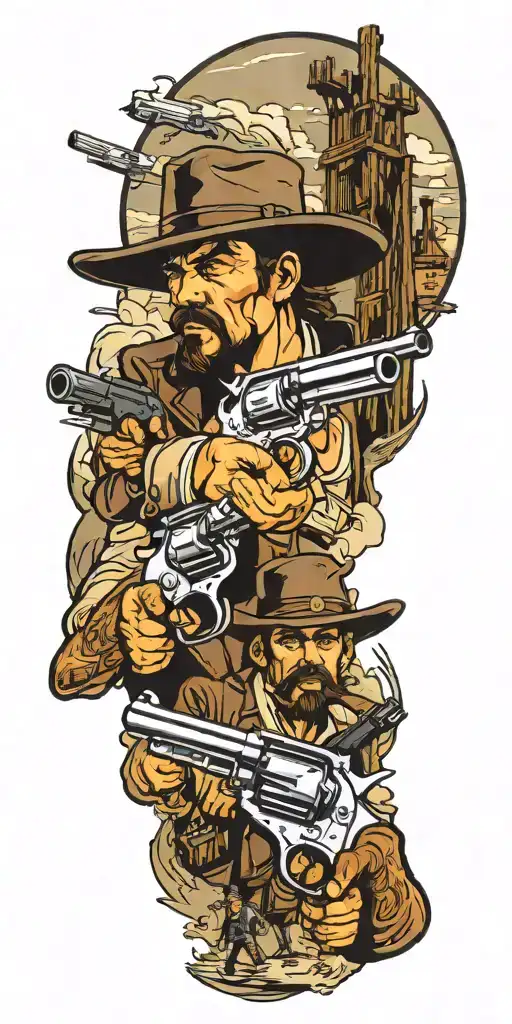 old west gun fight scene tattoo design idea