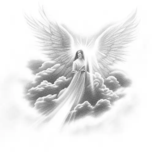 light rays, heaven, clouds angel tattoo design idea