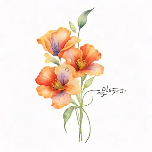 sister tattoo of birth flowers, red and orange poppies with blue and purple lillies tied together with string, minimalis tattoo design idea