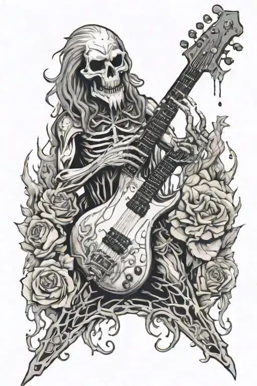 Incorporate subtle references to the meliora era Water ghoul from Ghost BC into a tattoo design featuring a bass guitar tattoo design idea