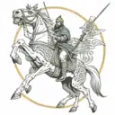 A Christian Priest warrior riding a stallion and wielding a katana, with a halo of word 'freedom' 'above their head  tattoo design idea