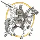 A Christian Priest warrior riding a stallion and wielding a katana, with a halo of word 'freedom' 'above their head  tattoo design idea