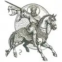 A Christian Priest warrior riding a stallion and wielding a katana, with a halo of word 'freedom' 'above their head  tattoo design idea