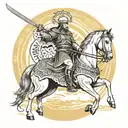 A Christian Priest warrior riding a stallion and wielding a katana, with a halo of word 'freedom' 'above their head  tattoo design idea