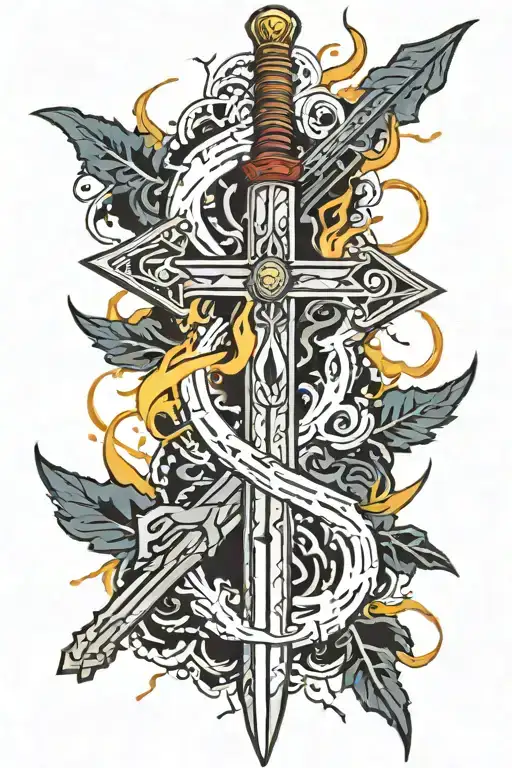 A sword stuck in the ground, emitting lightning - streaks of energy, runes tattoo design idea
