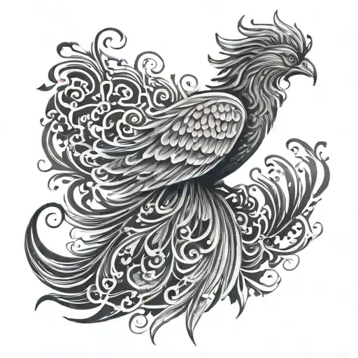 A phoenix with intricate Japanese patterns and symbols incorporated into its feathers tattoo design idea