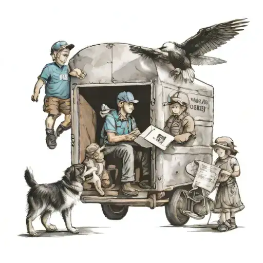 A postal worker delivering mail to a group of 9 playful grandkids tattoo design idea