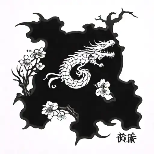 A dragon intertwining with a Japanese cherry blossom tree, with a constellation of stars in the background tattoo design idea