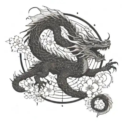 A dragon intertwining with a Japanese cherry blossom tree, with a constellation of stars in the background tattoo design idea