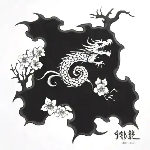 A dragon intertwining with a Japanese cherry blossom tree, with a constellation of stars in the background tattoo design idea
